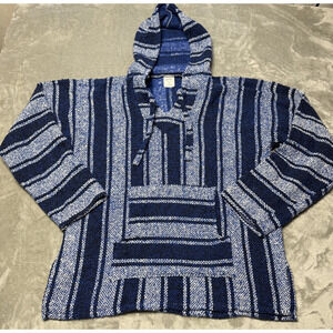 Baja Mexican Jerga Blanket Hoodie Hippie Pullover Unisex Sz L Warm Comfy Poncho